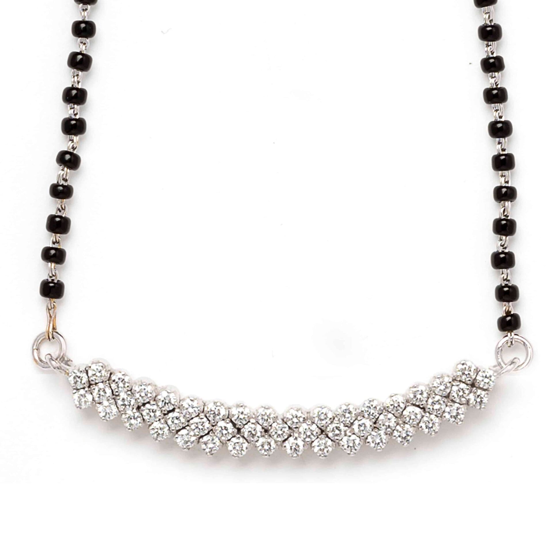 A crescent-shaped diamond mangalsutra necklace with a single strand of black beads and a gold chain.